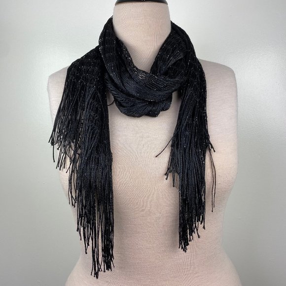 Accessories - Black w/ Silver Metallic Fringe Crochet Scarf 77" X 37"